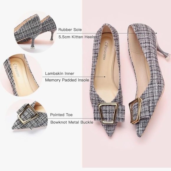 NEW C.Paravano Women's Kitten Heel Pumps-Pointed Toe with Metal Buckle|Leather - Picture 3 of 4